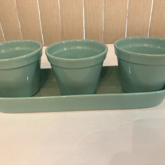 Set of Three lovely light turquoise Ceramic Planter Pots with Tray - Picture 2 of 6
